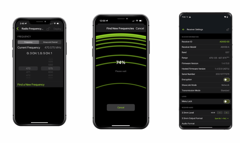 Wireless Workbench Mobile app showing current frequency, frequency scanning progress, and receiver settings on iOS and Android devices
