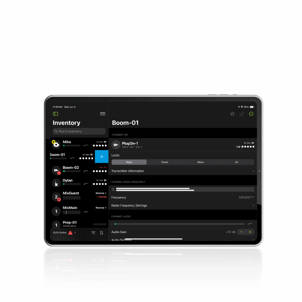 Wireless Workbench Mobile on iPad displaying inventory and frequency settings for a Shure ADX5D system