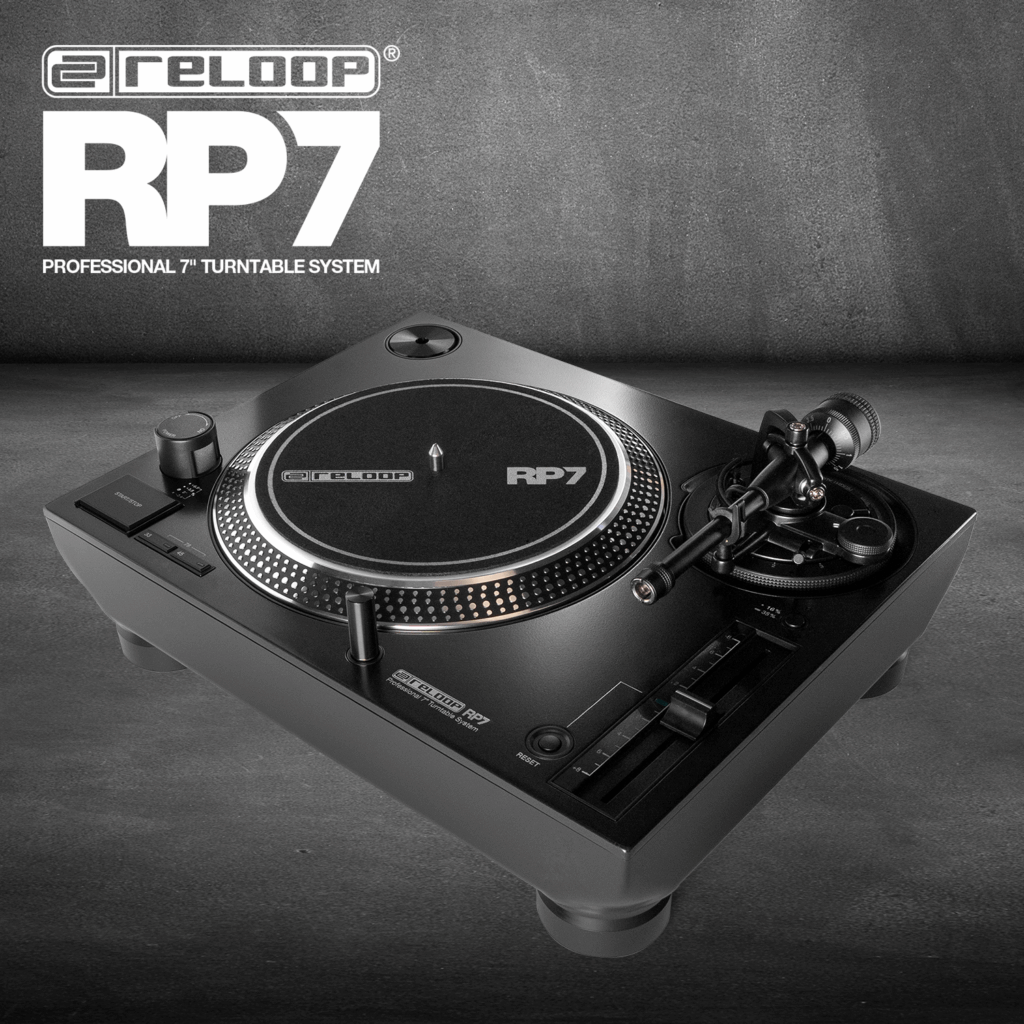 Reloop RP-7 7-inch DJ turntable with branding, top angle view showing platter and tonearm
