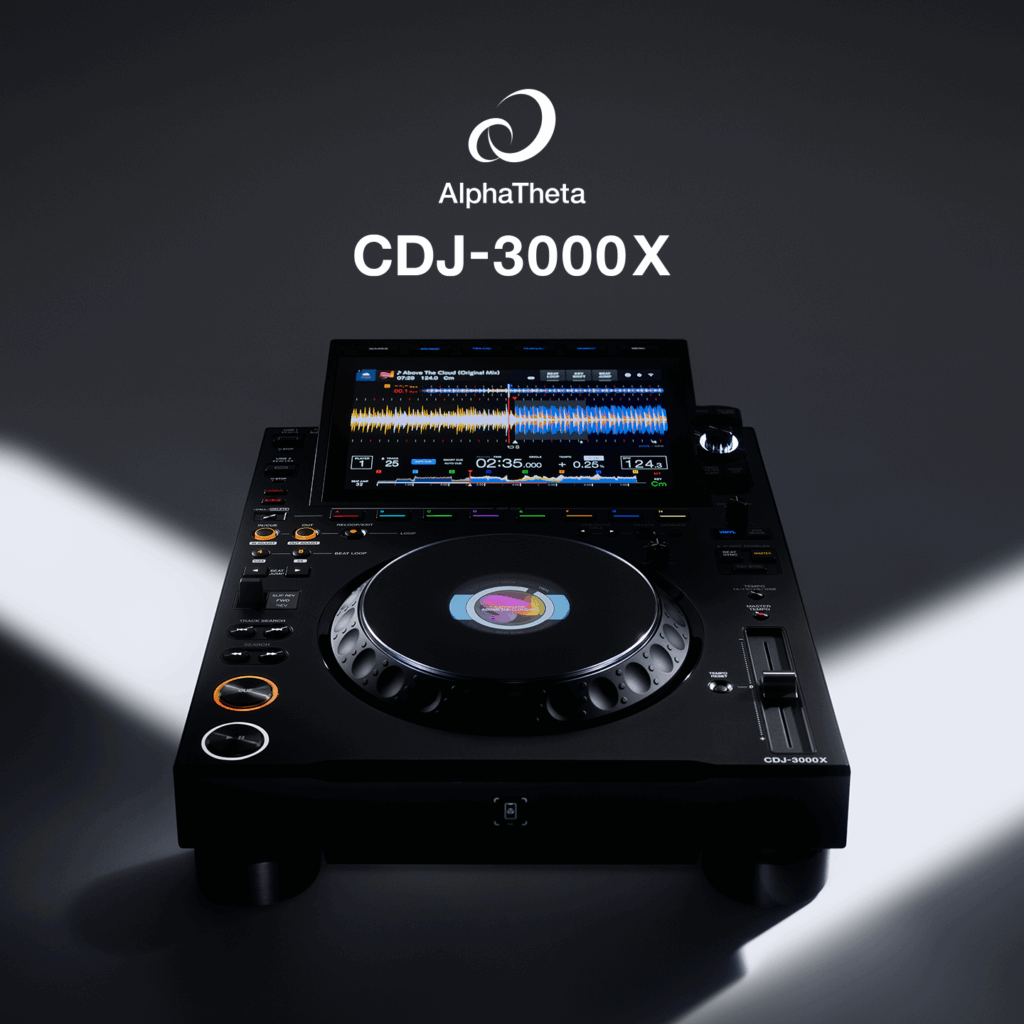 Studio-lit hero shot of CDJ-3000X highlighting touchscreen and jog wheel with AlphaTheta logo