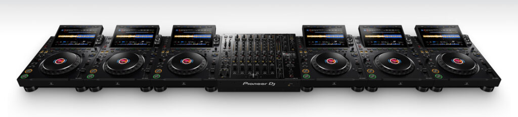 Ultra-high-end DJ setup with multiple CDJ-3000X media players and central DJM-V10 club mixer