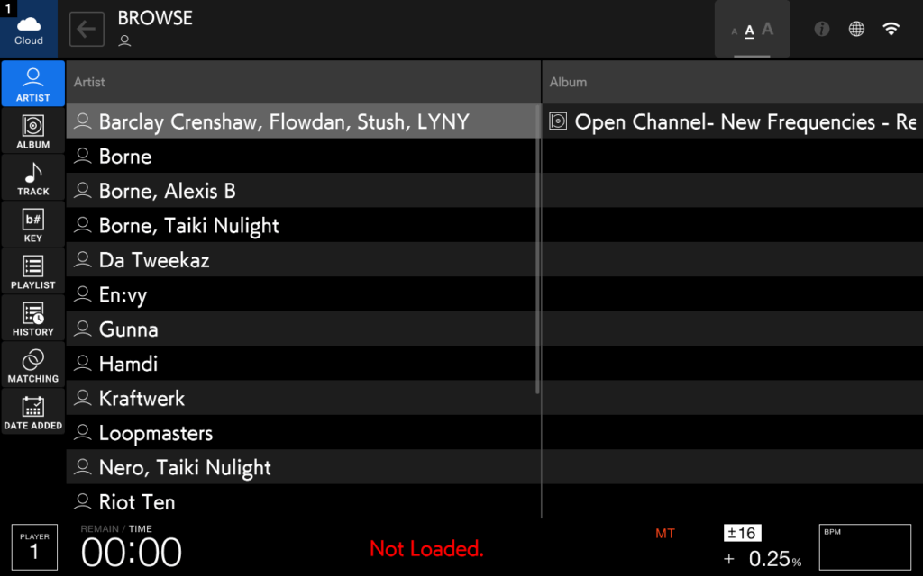 AlphaTheta CDJ-3000X cloud browsing interface showing artist and album metadata