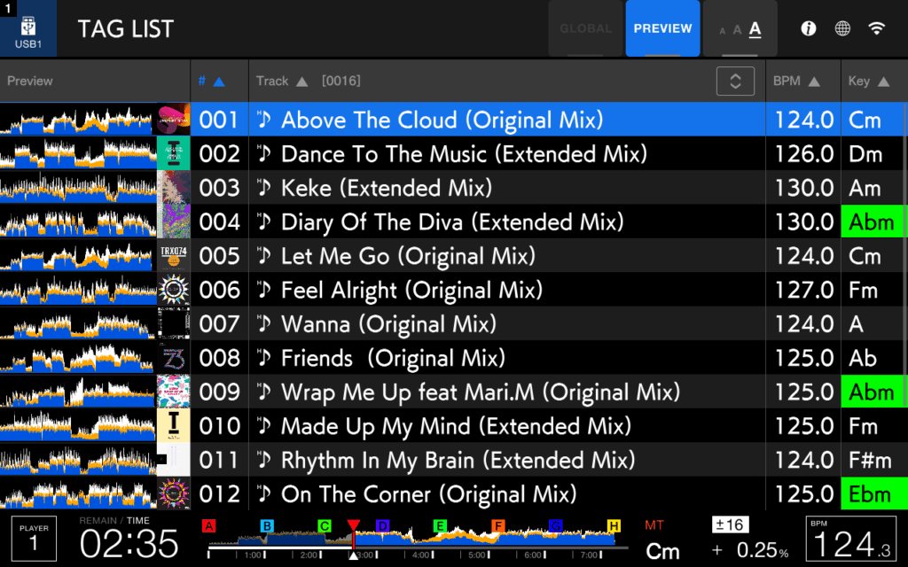 CDJ-3000X Global Tag List screen showing unified playlist from multiple sources