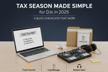 DJ tax prep checklist image showing income tracking, mileage log, and gear documentation for 2025 filing season