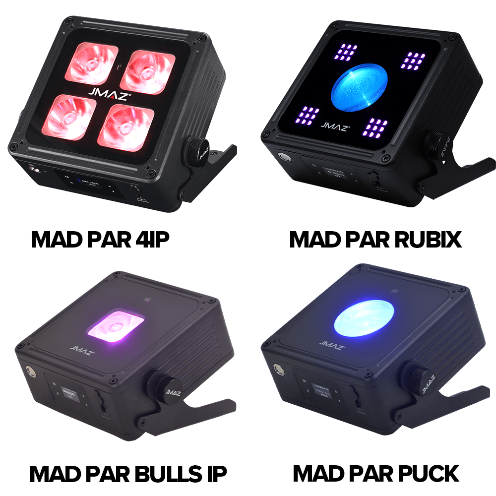 A view of each of the four MAD PAR models the MADPAR 4IP, RUBIX, BULLSIP and PUCK each slightly tilted to the left and illuminated with color 