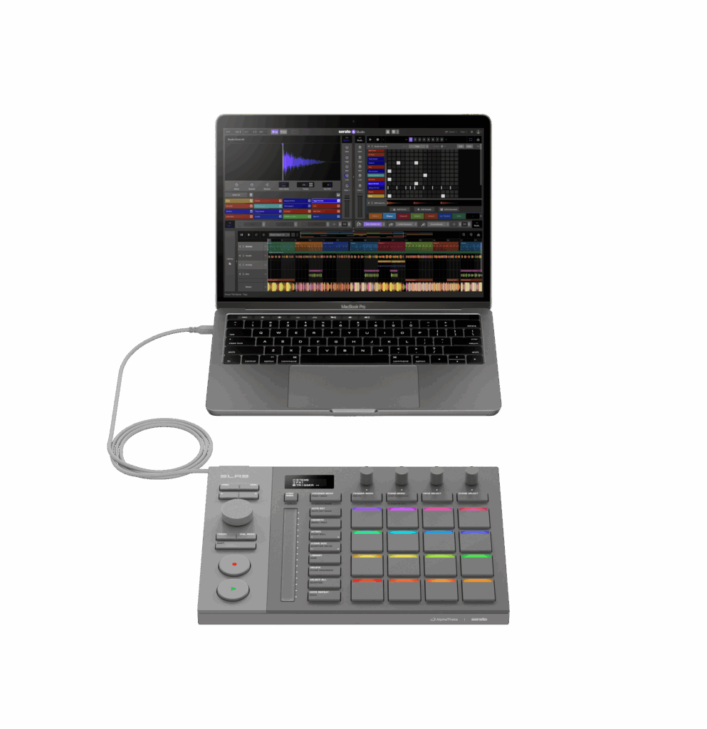 SLAB contoller set in front of a laptop running Serato Studio connected by USB-C cable 