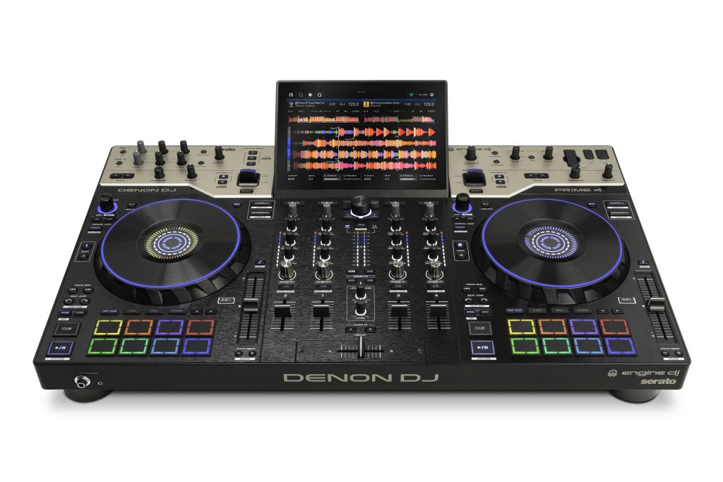 DENON DJ PRIME 4 G2 top view showing colors and controls of the pad mode and 4 tracks wave view on the screen 